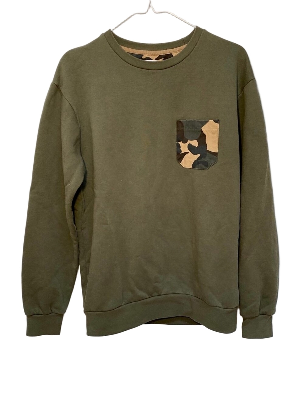 Zara Olive Green Crewneck Sweater with Camo Pocket Accent Medium